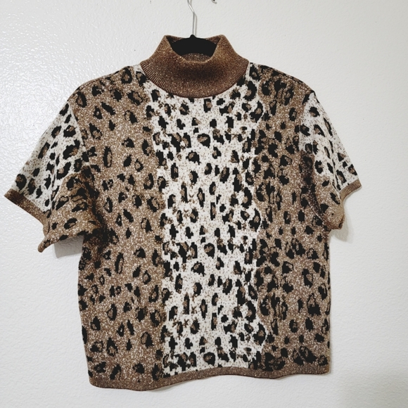 Lisa Originals Animal Print Gold Black Cream Beaded Knitted Blouse Top Sz L - Picture 1 of 14